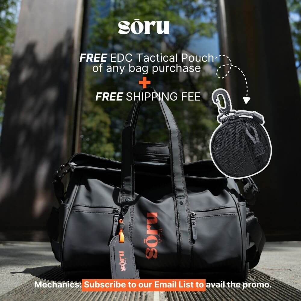 Image showcasing a stylish black bag from sóru with a free EDC Tactical Pouch offer and free shipping details.