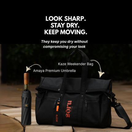 Amaya Tri-Fold Umbrella and Kaze Weekender Bag displayed outdoors, promoting style and protection.