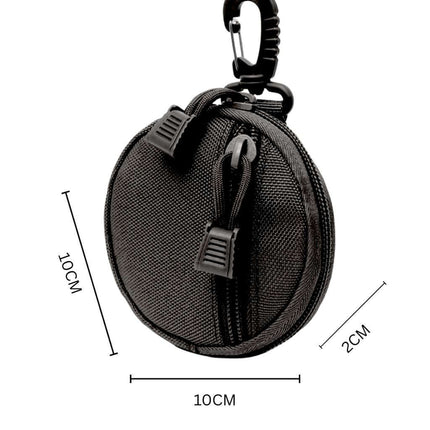 Every Day Carry (EDC) Tactical Pouch in round design with zippers and carabiner attachment.