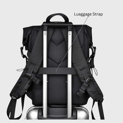 Sora Backpack for Biker, Mountain Climbing with a luggage strap feature on the back.