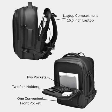 Jobu Backpack Waterproof Travel Bag with 15.6 inch laptop compartment and multiple pockets for organization.