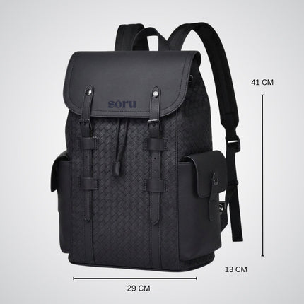 Black backpack with 'soru' branding and measurements on a light gray background