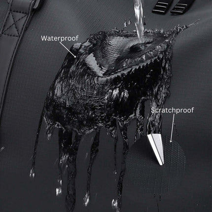 Bokken Travel Bag Good for 1 Week Trip showing waterproof and scratchproof features with water being poured.