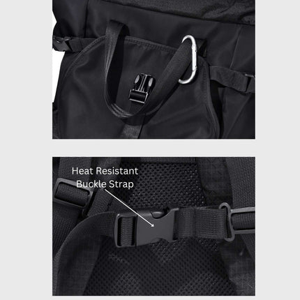 Sora Backpack for Biker, Mountain Climbing showing heat resistant buckle strap and secure compartments.
