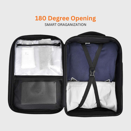 Interior view of Jobu Backpack Waterproof Travel Bag showcasing 180 degree opening and smart organization features.