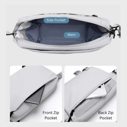 Interior pockets of the Noroi Shoulder Bag and Cross Body Bag showcasing the main, side, front zip, and back zip compartments.