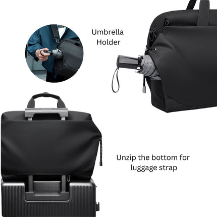 Black backpack with umbrella holder feature and instructions on how to use it.