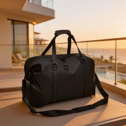 Bokken Travel Bag Large Capacity in black, perfect for a week-long trip, showcased in a sunset setting.