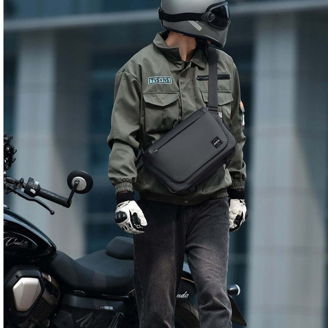 Hashiru Shoulder Bag and Cross Body Bag worn by a person on a motorcycle, showcasing its stylish and practical design.