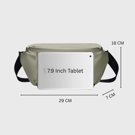 Noroi Shoulder Bag and Cross Body Bag displayed with dimensions and a 7.9 inch tablet for size reference.