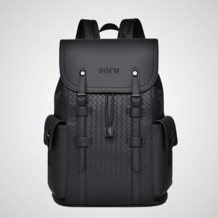 Black backpack with 'soru' branding on a light gray background
