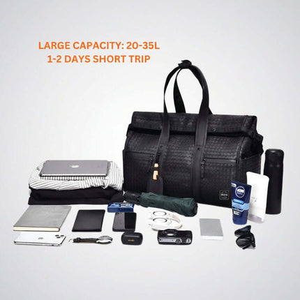 Limited Edition Kaze Woven Duffel Bag & Travel Bag with travel essentials for short trips, showcasing large capacity of 20-35L.