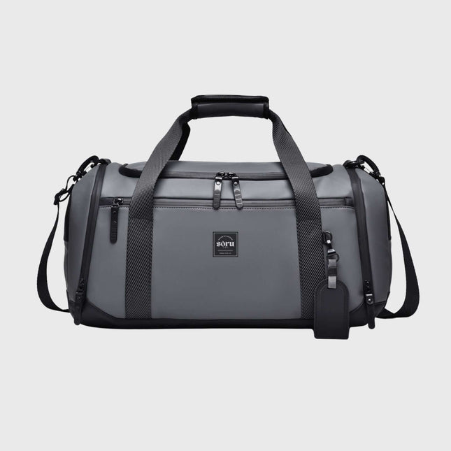 Kaizen Duffel Bag & Gym Bag with Shoe Compartment in sleek gray design, ideal for fitness and travel.