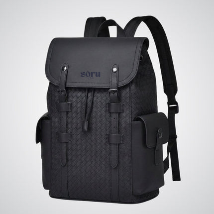 Black backpack with woven pattern and 'soru' branding on a light gray background