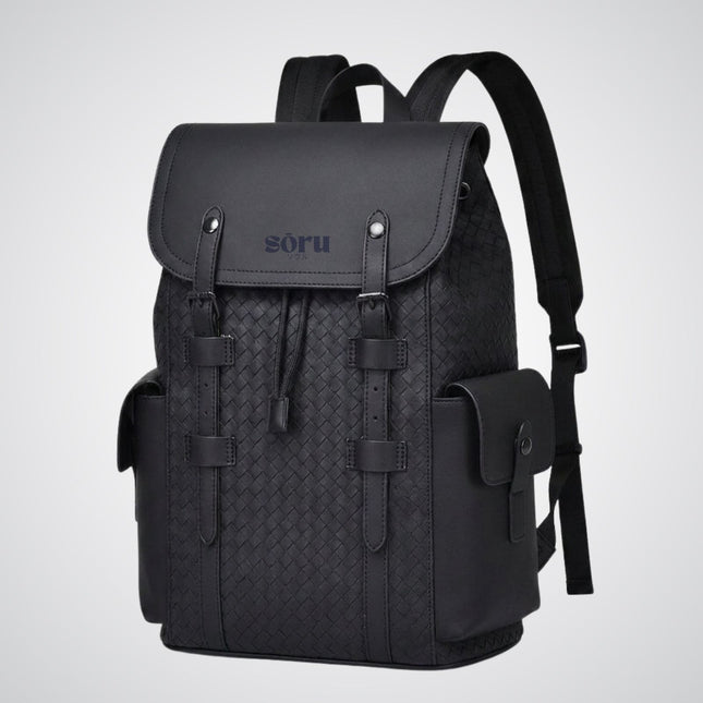 Black backpack with woven pattern and 'soru' branding on a light gray background