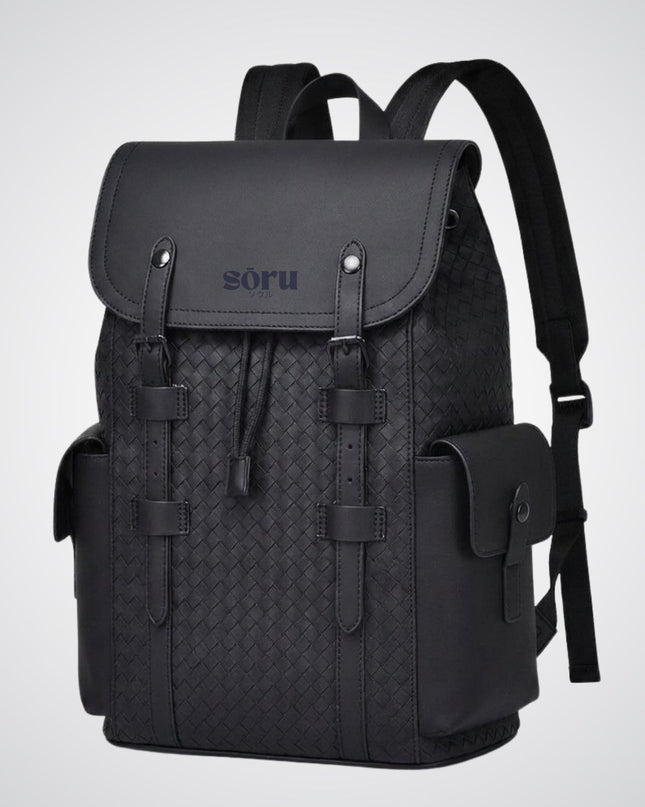 Black backpack with woven pattern and 'soru' branding on a light gray background