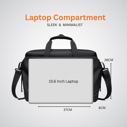 Black laptop bag with a 15.6 inch laptop inside, labeled as 'Laptop Compartment' on a gray background.