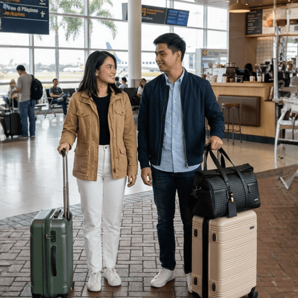 Limited Edition Kaze Woven Duffel Bag & Travel Bag showcased by a couple in an airport setting.