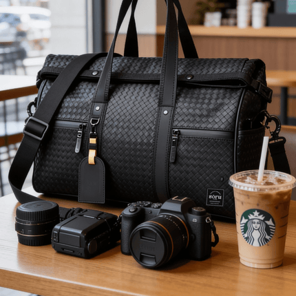 Limited Edition Kaze Woven Duffel Bag & Travel Bag with camera and iced coffee on a wooden table.