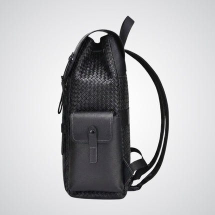 Black woven leather backpack on a light gray background