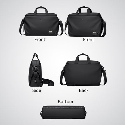 Black bag shown from multiple angles on a gray background