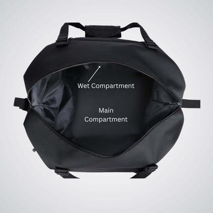 Inside view of Bokken Travel Bag Large Capacity showing wet and main compartments.