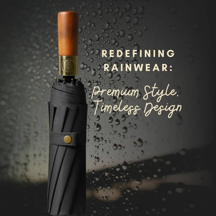 Amaya Tri-Fold Umbrella with wooden handle and elegant design, perfect for premium rainwear protection.