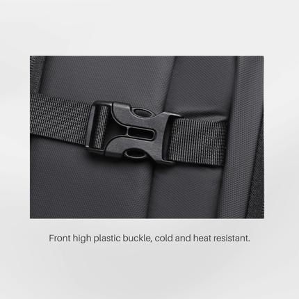 Close-up of Jobu Backpack Waterproof Travel Bag's high plastic buckle, designed to be cold and heat resistant.