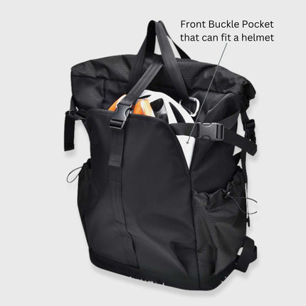 Sora Backpack for Biker, Mountain Climbing with front buckle pocket for helmet storage.