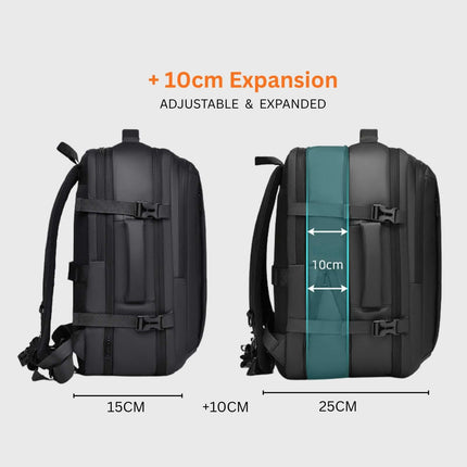 Jobu Backpack Waterproof Travel Bag showing adjustable 10cm expansion feature for increased storage capacity.