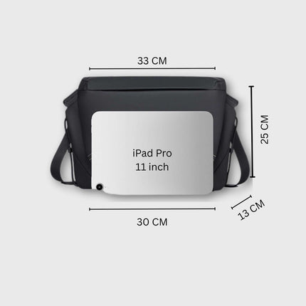 Hashiru Shoulder Bag and Cross Body Bag dimensions showing compatibility with an iPad Pro, featuring waterproof material.