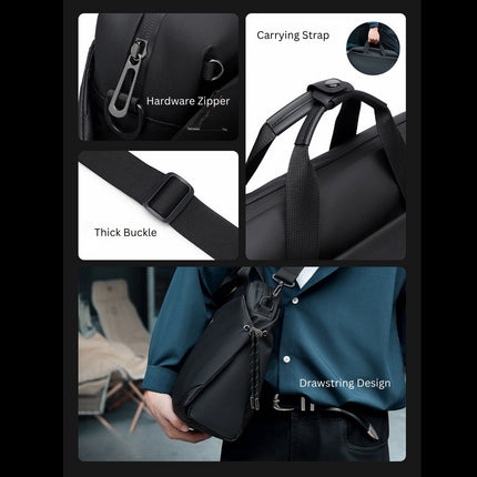 Black bag with features highlighted including hardware zipper, carrying strap, thick buckle, and drawstring design.