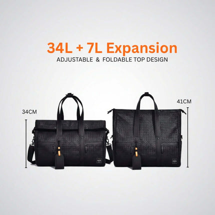 Limited Edition Kaze Woven Duffel Bag & Travel Bag showing 34L + 7L expansion with adjustable foldable top design.