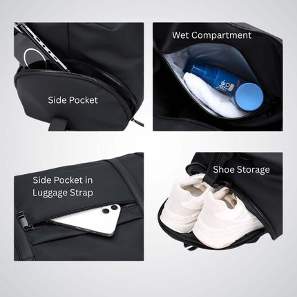 Bokken Travel Bag Large Capacity features side pockets, wet compartment, and shoe storage for convenient travel.