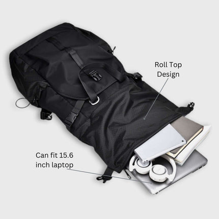 Sora Backpack for Biker, Mountain Climbing with roll top design and space for a 15.6 inch laptop.
