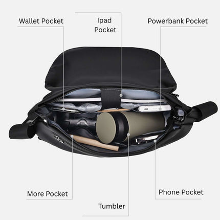 Interior view of the Hashiru Shoulder Bag and Cross Body Bag showing pockets for wallet, iPad, power bank, phone, and tumbler.