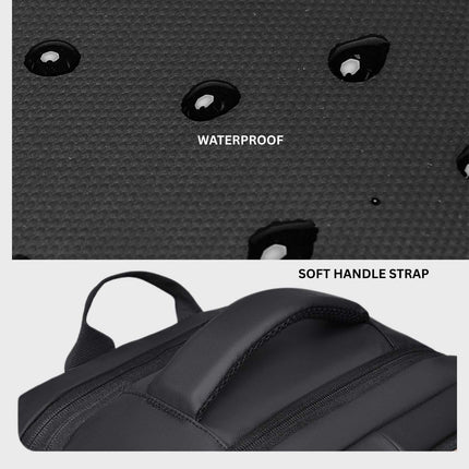 Jobu Backpack Waterproof Travel Bag showing waterproof material and soft handle strap, ideal for travelers.