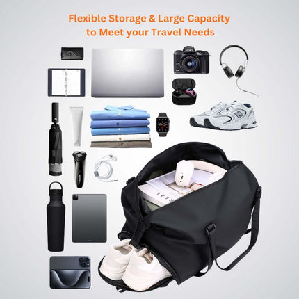Bokken Travel Bag Large Capacity shown with flexible storage for travel essentials like clothes, shoes, and tech gear.