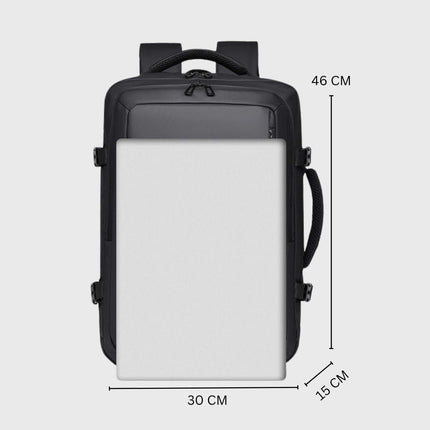Jobu Backpack Waterproof Travel Bag showing dimensions: 46 CM height, 30 CM width, 15 CM depth.