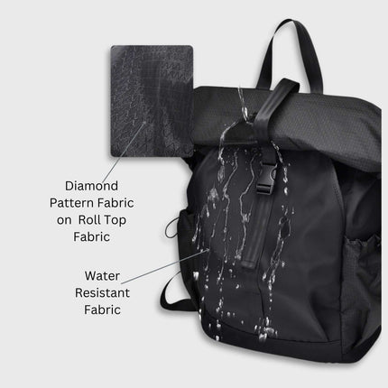 Sora Backpack for Biker, Mountain Climbing featuring water resistant fabric and diamond pattern on roll top.