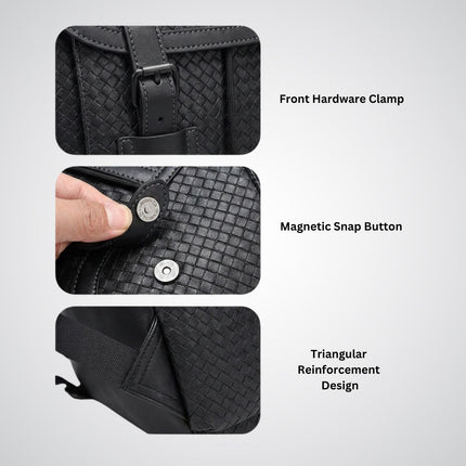 Black bag with labeled features on a gray background