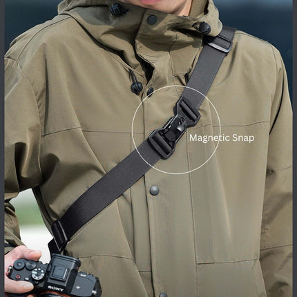 Person wearing Hashiru Shoulder Bag and Cross Body Bag showcasing magnetic snap feature.