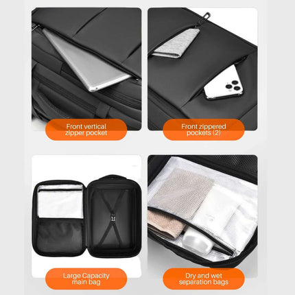 Jobu Backpack Waterproof Travel Bag organizational features with front zipper pockets and large capacity main bag.