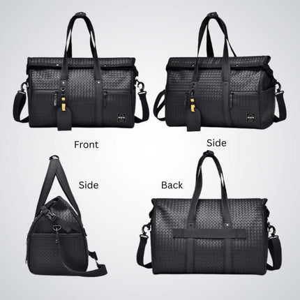Limited Edition Kaze Woven Duffel Bag & Travel Bag showcasing front, side, and back views in black.