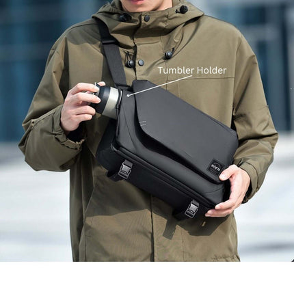 Person using Hashiru Shoulder Bag and Cross Body Bag, featuring tumbler holder and waterproof design.