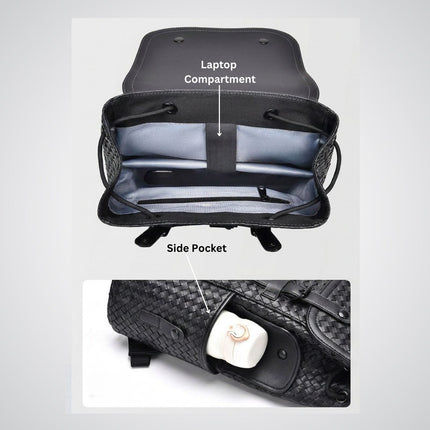 Black backpack with labeled laptop compartment and side pocket on a white background