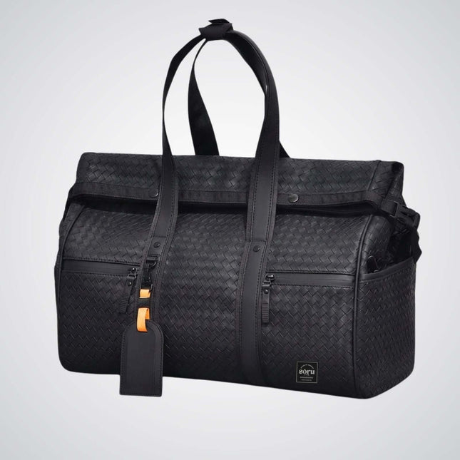 Limited Edition Kaze Woven Duffel Bag & Travel Bag in sleek black design with roll-top and ample storage.