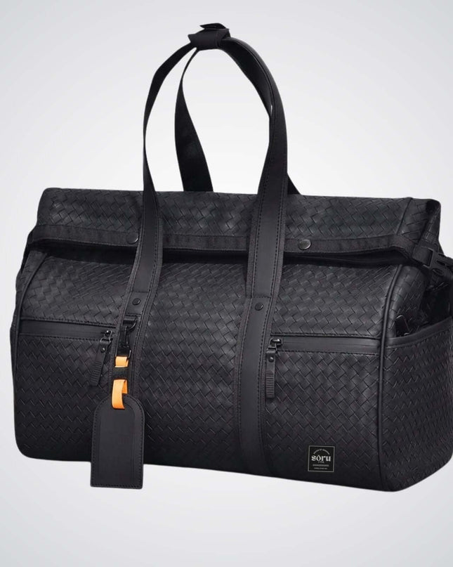 Limited Edition Kaze Woven Duffel Bag & Travel Bag in sleek black design with roll-top and ample storage.